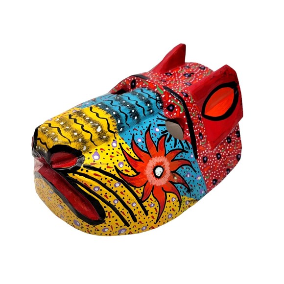 Handmade Carved Wood Cat Mask Jaguar Leopard Guatemala Mexico Folk Art Vintage - Picture 2 of 16